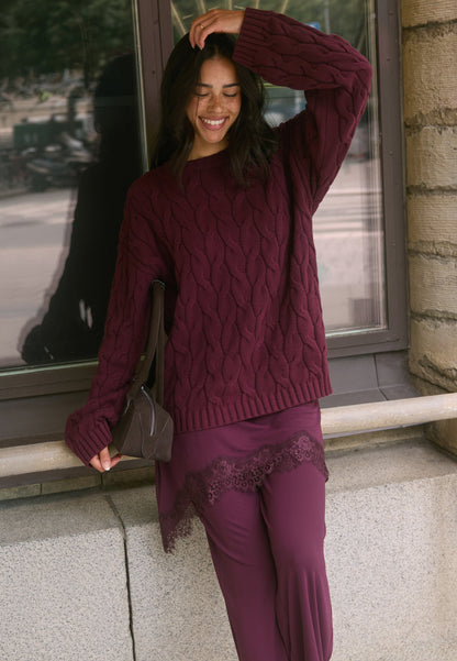Nora Cable Knit Burgundy Sweater