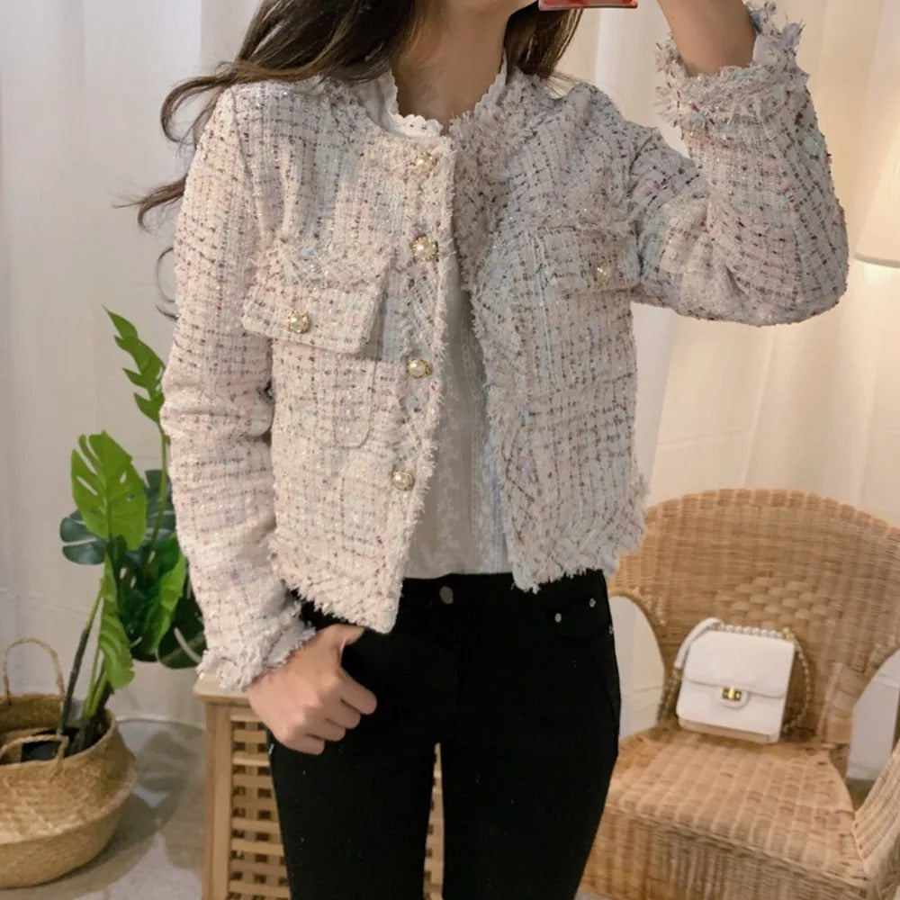 Chloe Elegant Tweed Button Up Blazer for Women