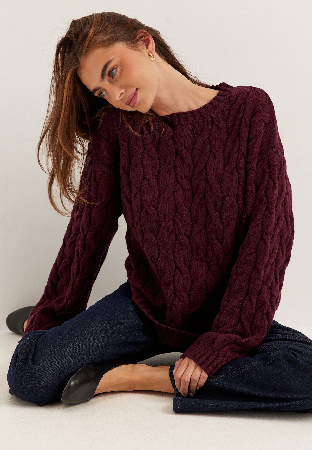 Nora Cable Knit Burgundy Sweater