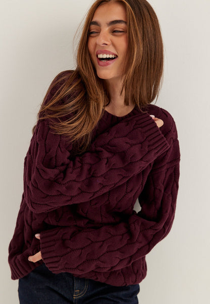 Nora Cable Knit Burgundy Sweater