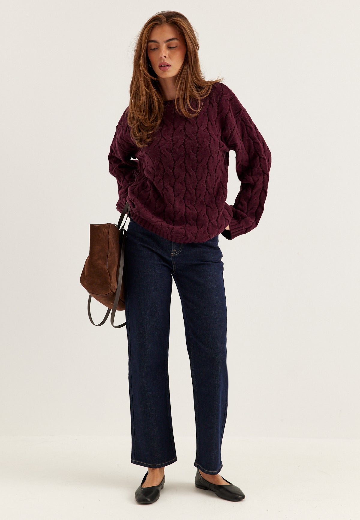 Nora Cable Knit Burgundy Sweater