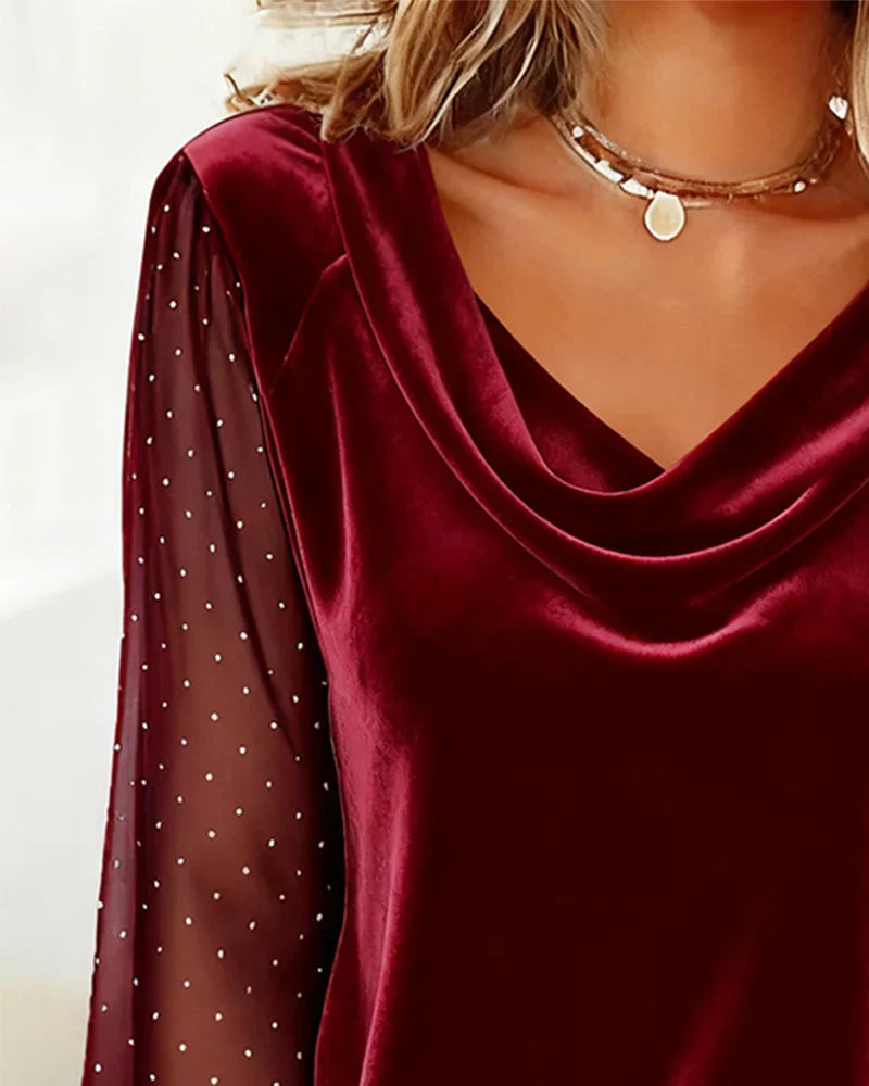 Nyra Elegant Draped V Neck Blouse with Sheer Sleeves