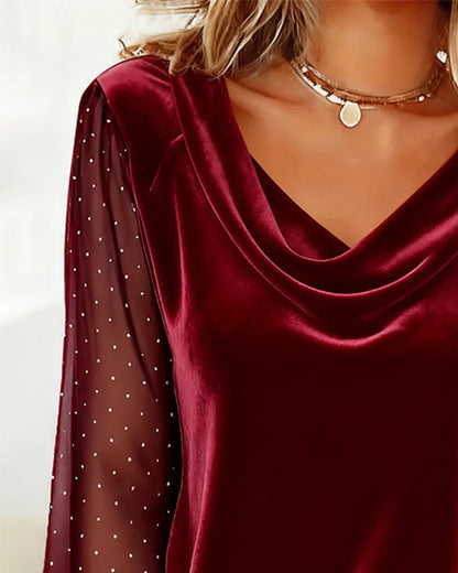 Nyra Elegant Draped V Neck Blouse with Sheer Sleeves