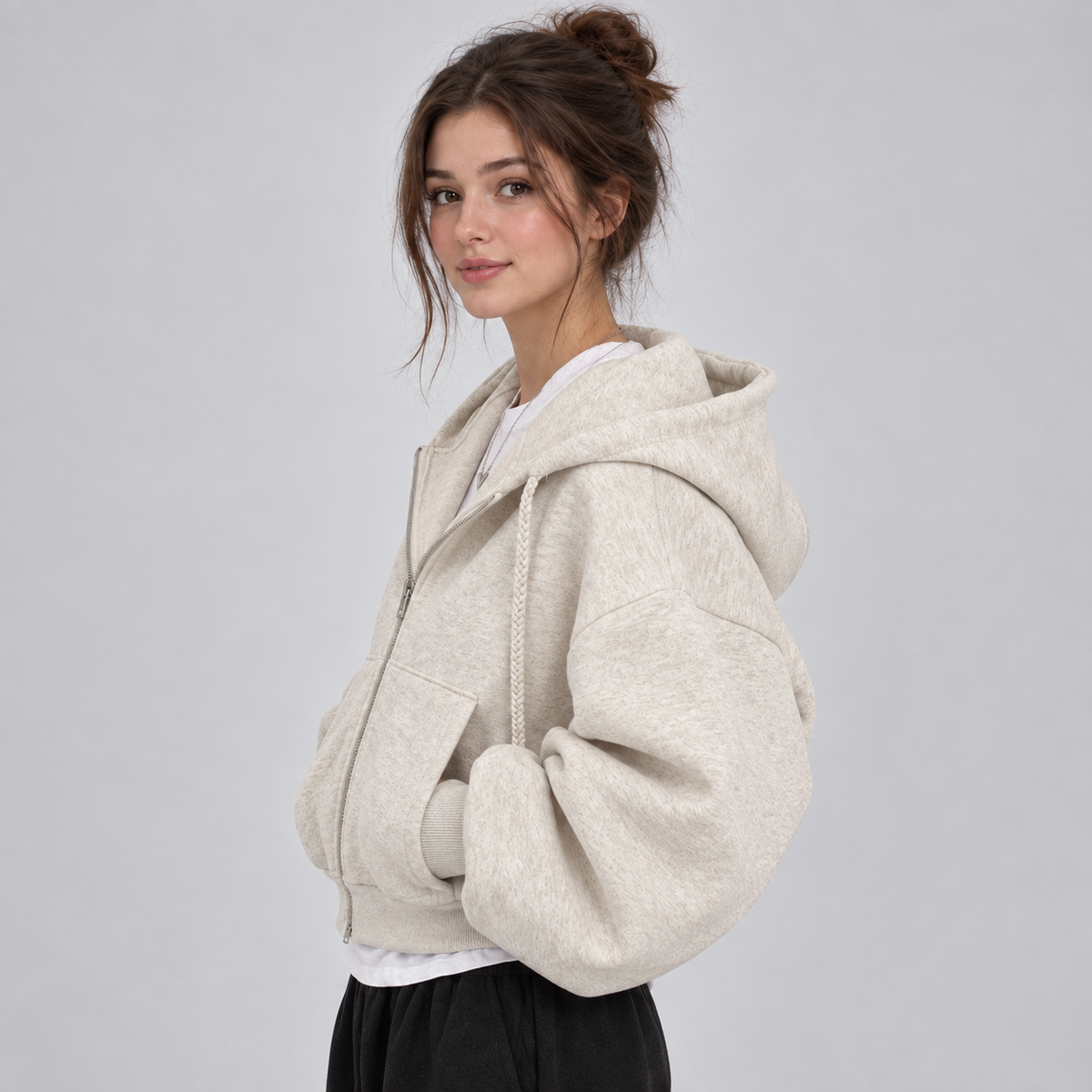 Sadie Women's Cropped Fleece Zip Up Hoodie with Kangaroo Pockets