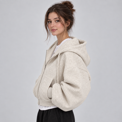 Sadie Women's Cropped Fleece Zip Up Hoodie with Kangaroo Pockets