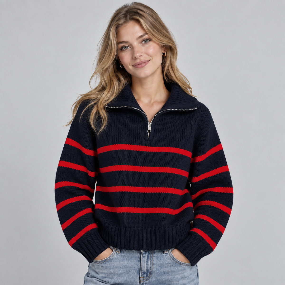 Rowan Women's Oversized Striped Half Zip Knit Sweater with High Collar