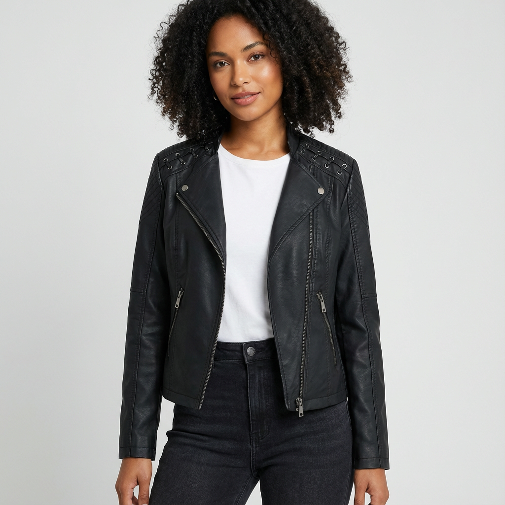 Sabrina Women's Black Faux Leather Biker Jacket with Studded Shoulders