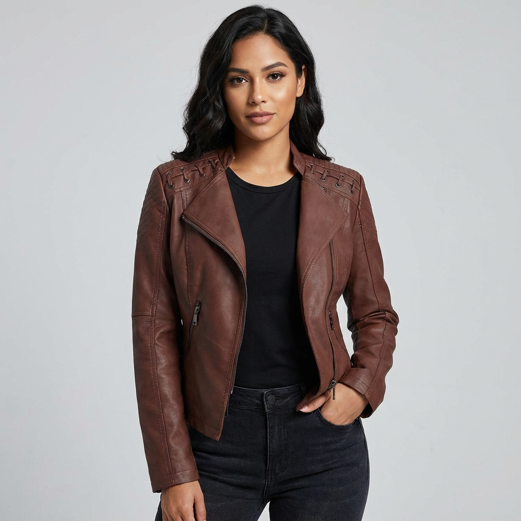 Sabrina Women's Black Faux Leather Biker Jacket with Studded Shoulders
