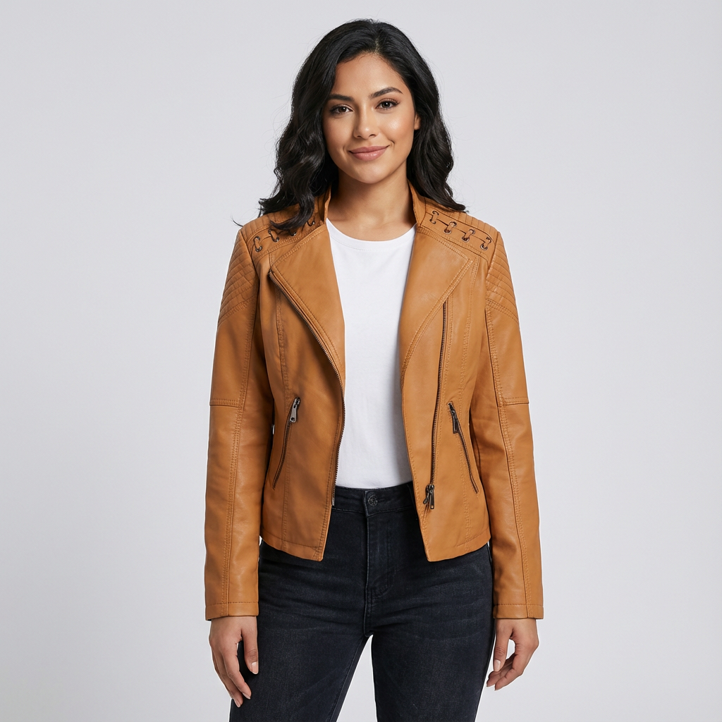 Sabrina Women's Black Faux Leather Biker Jacket with Studded Shoulders