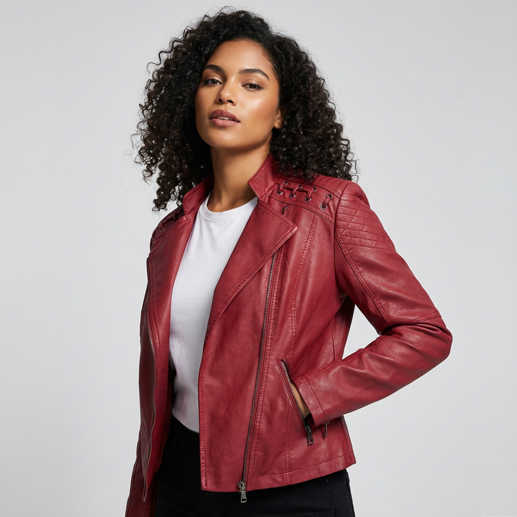 Sabrina Women's Black Faux Leather Biker Jacket with Studded Shoulders