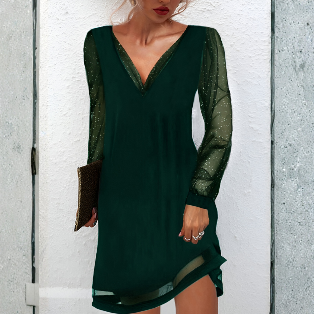 Penelope Black Glitter Mini Dress with Sheer Long Sleeves