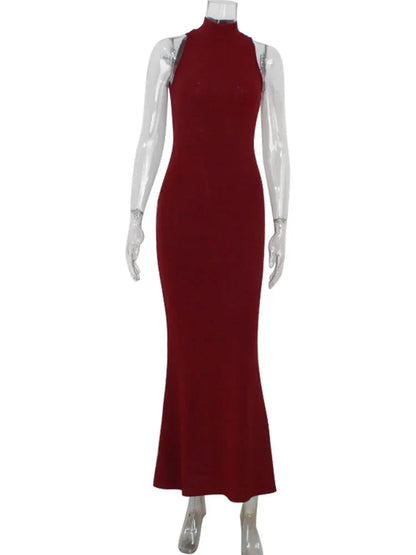 Natalie Sleeveless High Neck Burgundy Maxi Dress for Women