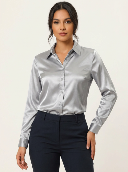 Vivian Women's Satin Button Up Blouse with Classic Collar