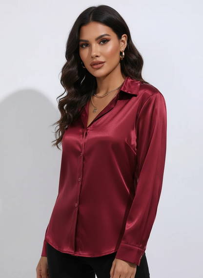 Vivian Women's Satin Button Up Blouse with Classic Collar