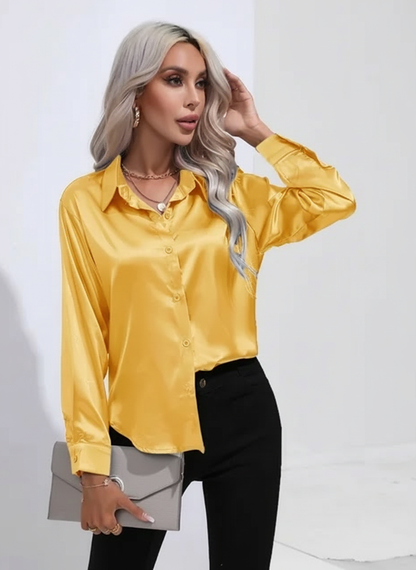 Vivian Women's Satin Button Up Blouse with Classic Collar