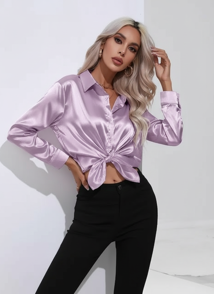 Vivian Women's Satin Button Up Blouse with Classic Collar