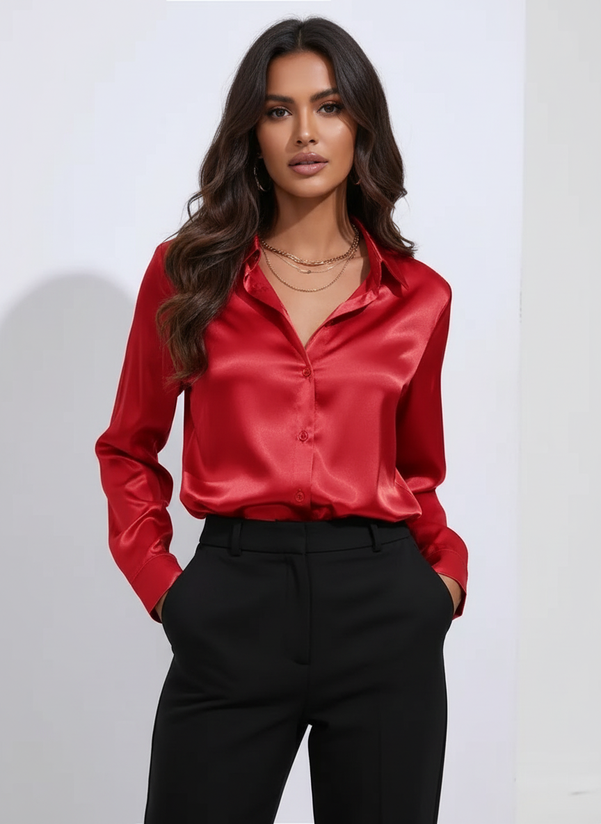 Vivian Women's Satin Button Up Blouse with Classic Collar