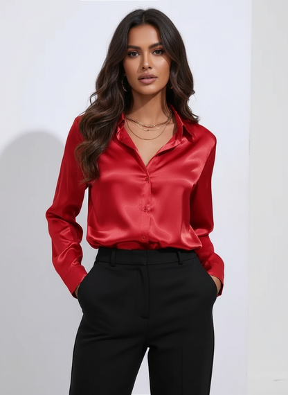 Vivian Women's Satin Button Up Blouse with Classic Collar