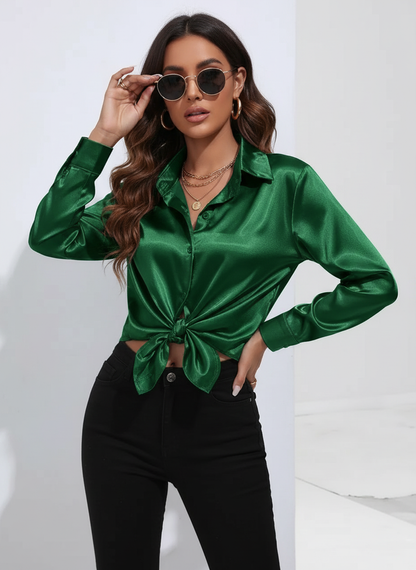 Vivian Women's Satin Button Up Blouse with Classic Collar