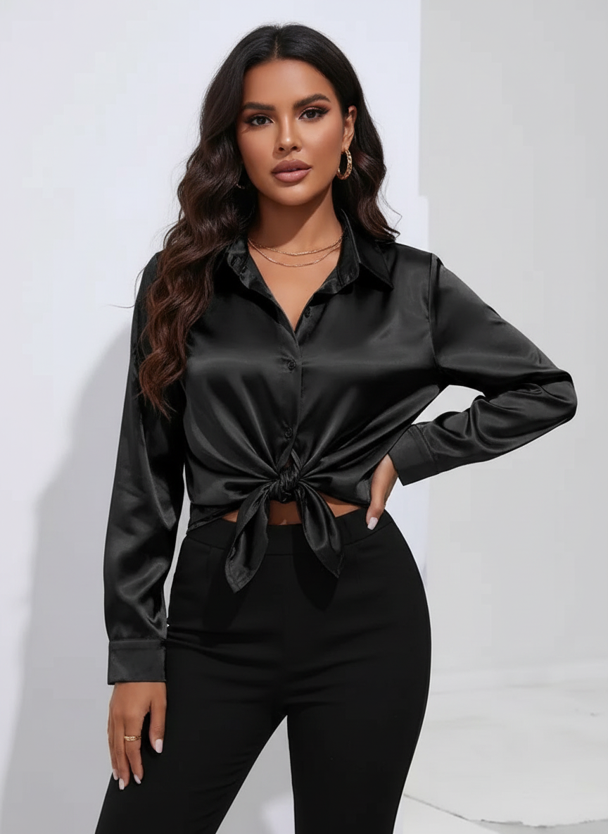 Vivian Women's Satin Button Up Blouse with Classic Collar