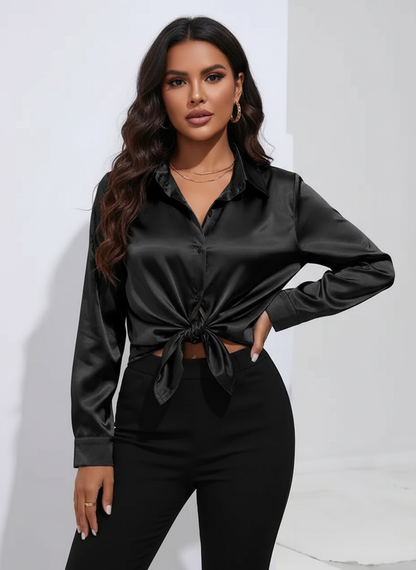 Vivian Women's Satin Button Up Blouse with Classic Collar