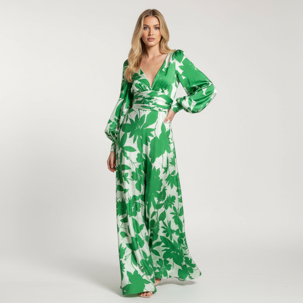 Celine Women's Floral Print V Neck Maxi Dress with Long Puff Sleeves