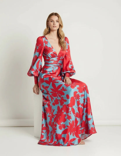 Celine Women's Floral Print V Neck Maxi Dress with Long Puff Sleeves