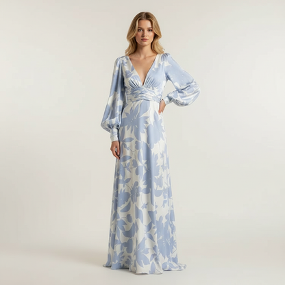 Celine Women's Floral Print V Neck Maxi Dress with Long Puff Sleeves