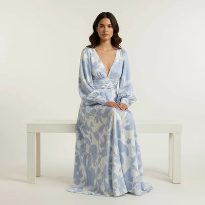 Celine Women's Floral Print V Neck Maxi Dress with Long Puff Sleeves