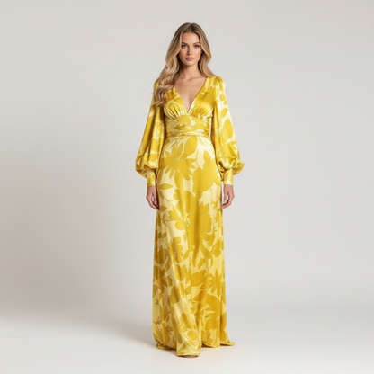 Celine Women's Floral Print V Neck Maxi Dress with Long Puff Sleeves