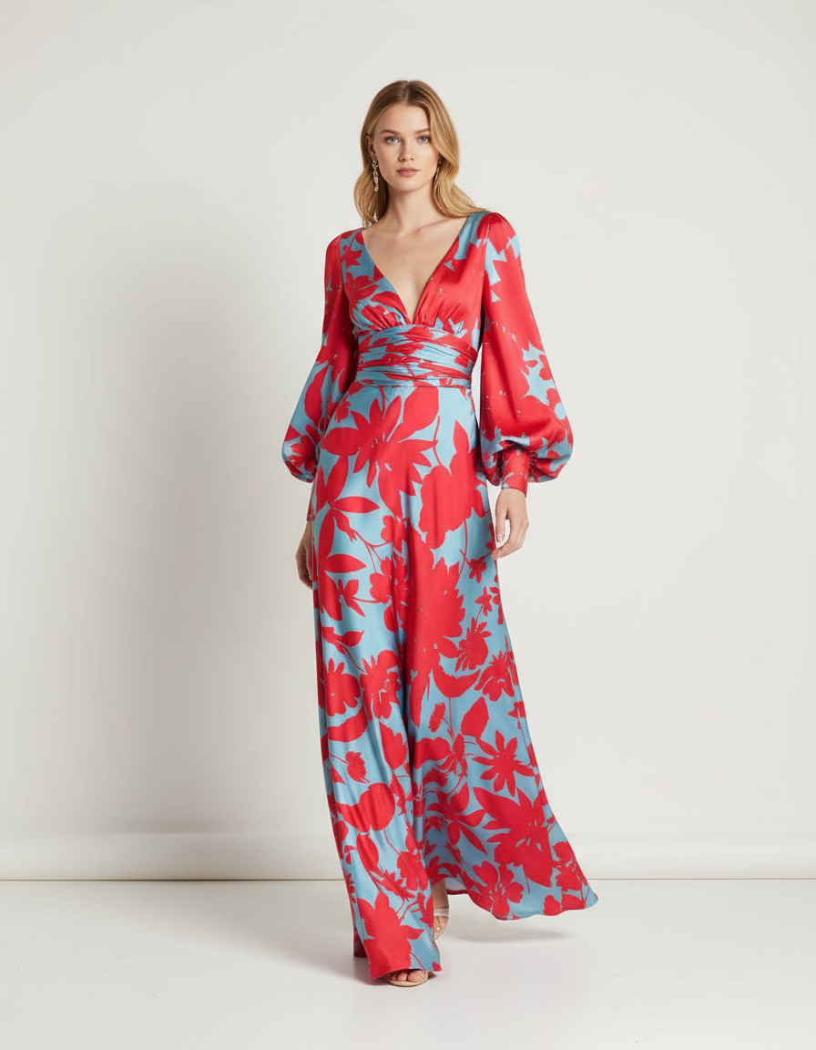 Celine Women's Floral Print V Neck Maxi Dress with Long Puff Sleeves