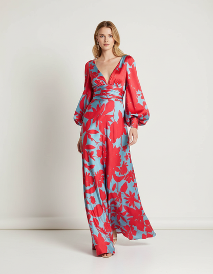 Celine Women's Floral Print V Neck Maxi Dress with Long Puff Sleeves
