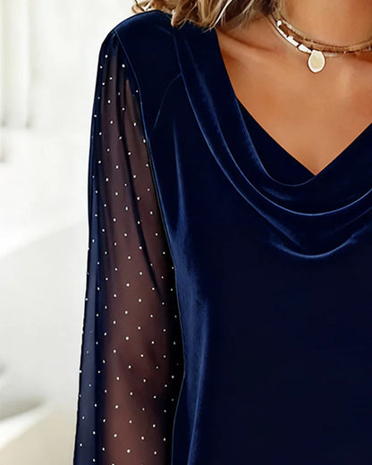 Nyra Elegant Draped V Neck Blouse with Sheer Sleeves