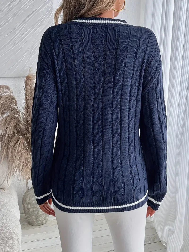 Nora Women's Cable Knit V Neck Sweater in Navy Blue