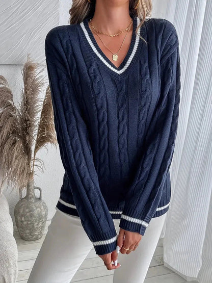 Nora Women's Cable Knit V Neck Sweater in Navy Blue