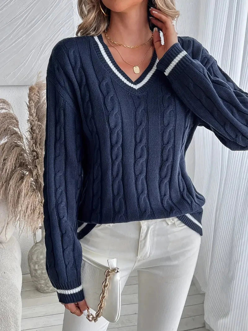 Nora Women's Cable Knit V Neck Sweater in Navy Blue