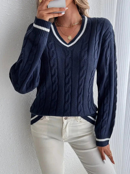 Nora Women's Cable Knit V Neck Sweater in Navy Blue