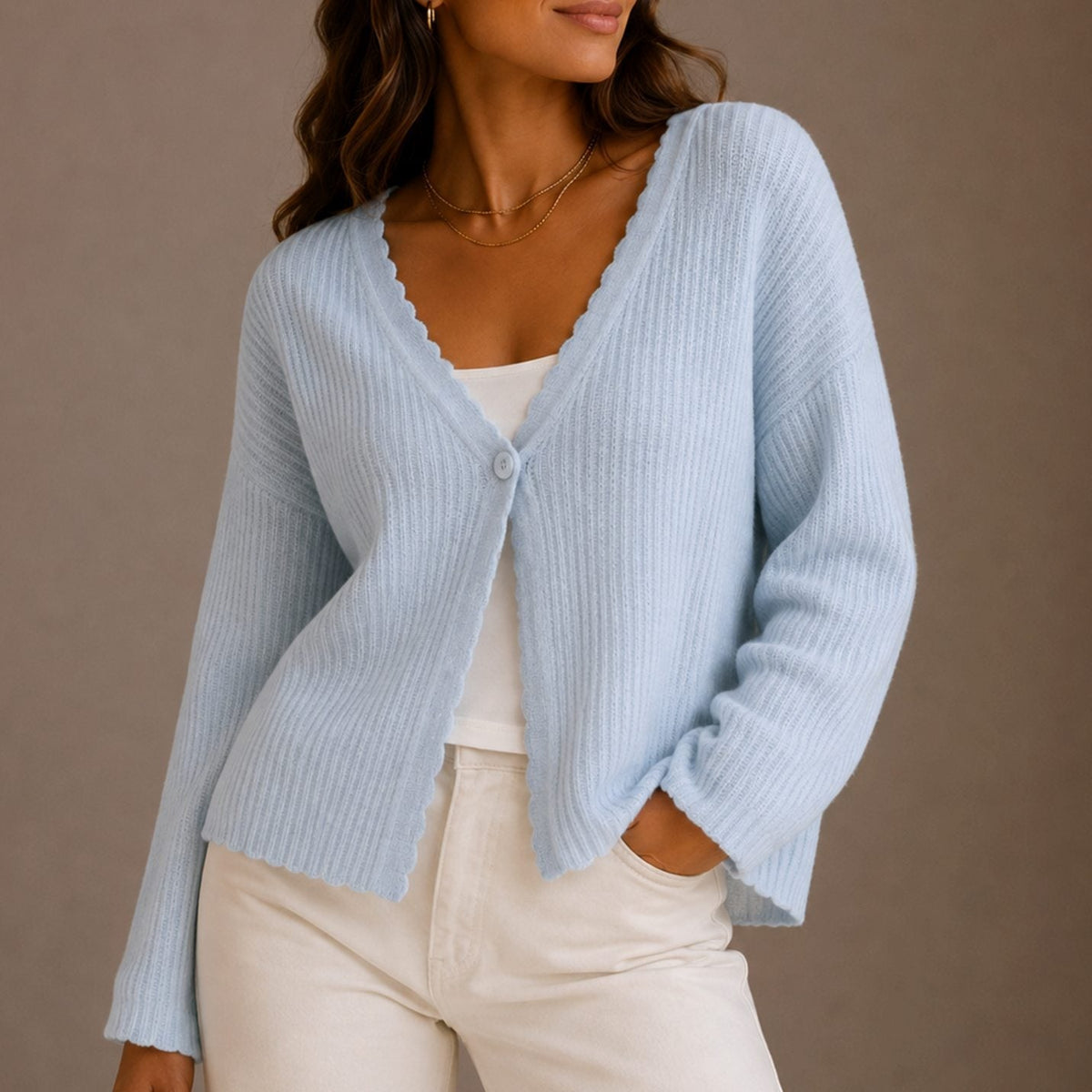 Phoebe Women's V Neck Knit Cardigan with Scalloped Trim and Button Closure