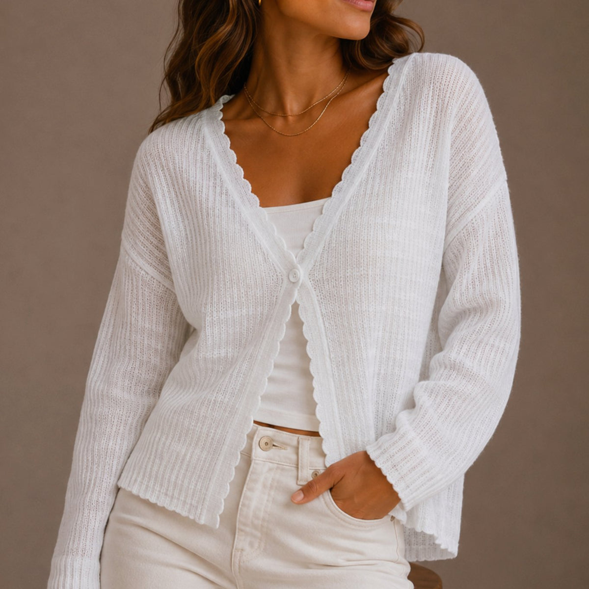 Phoebe Women's V Neck Knit Cardigan with Scalloped Trim and Button Closure