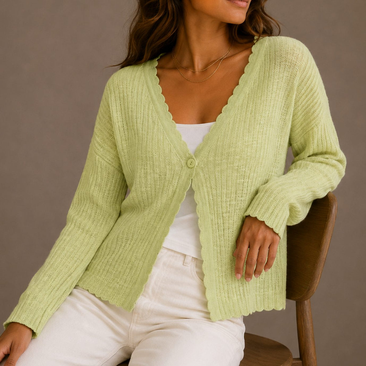Phoebe Women's V Neck Knit Cardigan with Scalloped Trim and Button Closure