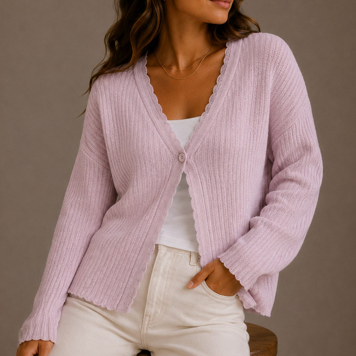Phoebe Women's V Neck Knit Cardigan with Scalloped Trim and Button Closure