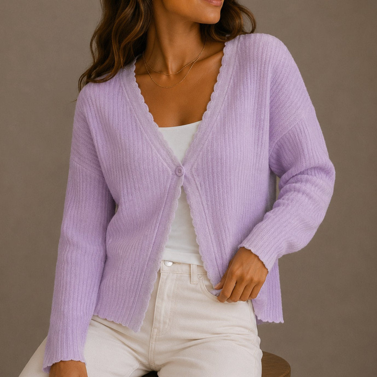 Phoebe Women's V Neck Knit Cardigan with Scalloped Trim and Button Closure