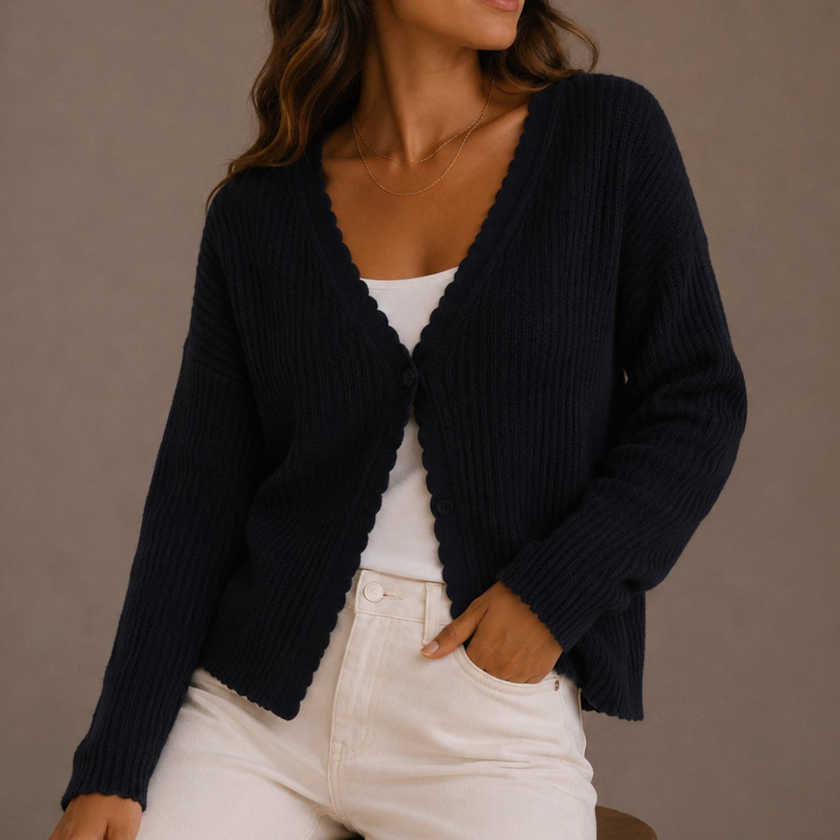 Phoebe Women's V Neck Knit Cardigan with Scalloped Trim and Button Closure