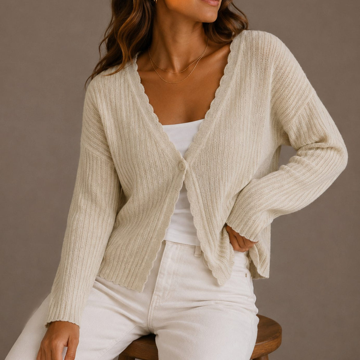 Phoebe Women's V Neck Knit Cardigan with Scalloped Trim and Button Closure