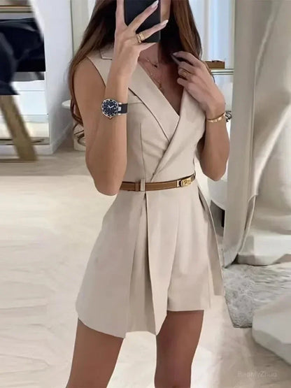 Cate Women's Beige Tailored Playsuit with Wrap Front and Belt