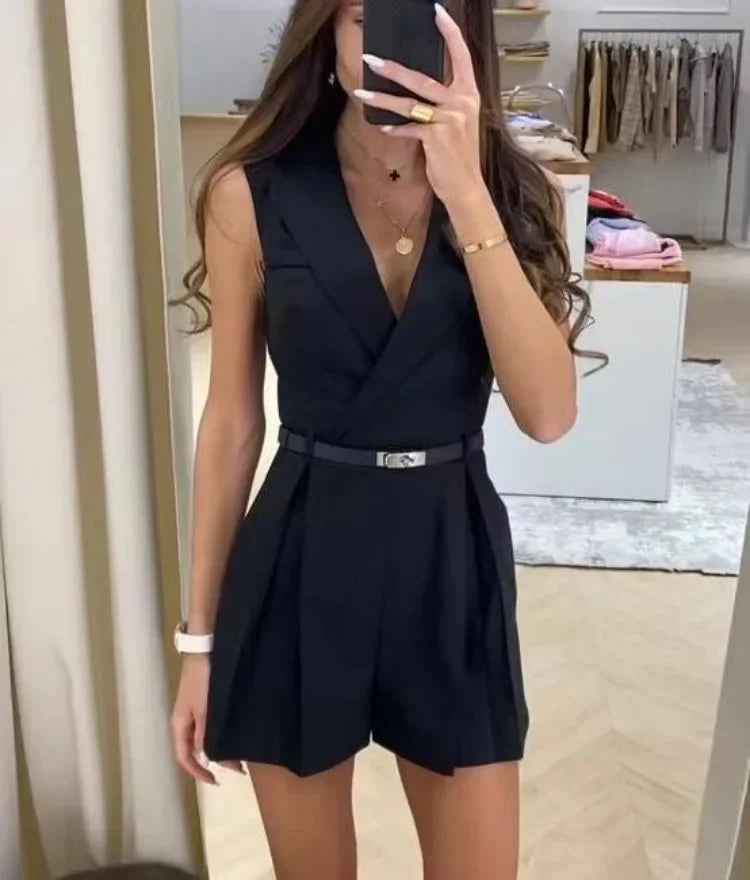 Cate Women's Beige Tailored Playsuit with Wrap Front and Belt